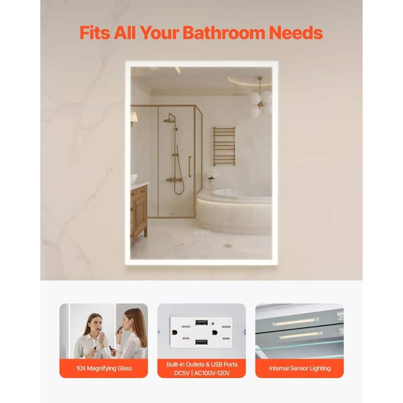 24" Wall Mounted Lighted Bathroom Mirror Medicine Cabinet with Anti-Fog and Magnifier - 24” x 4.9” x 31.9”