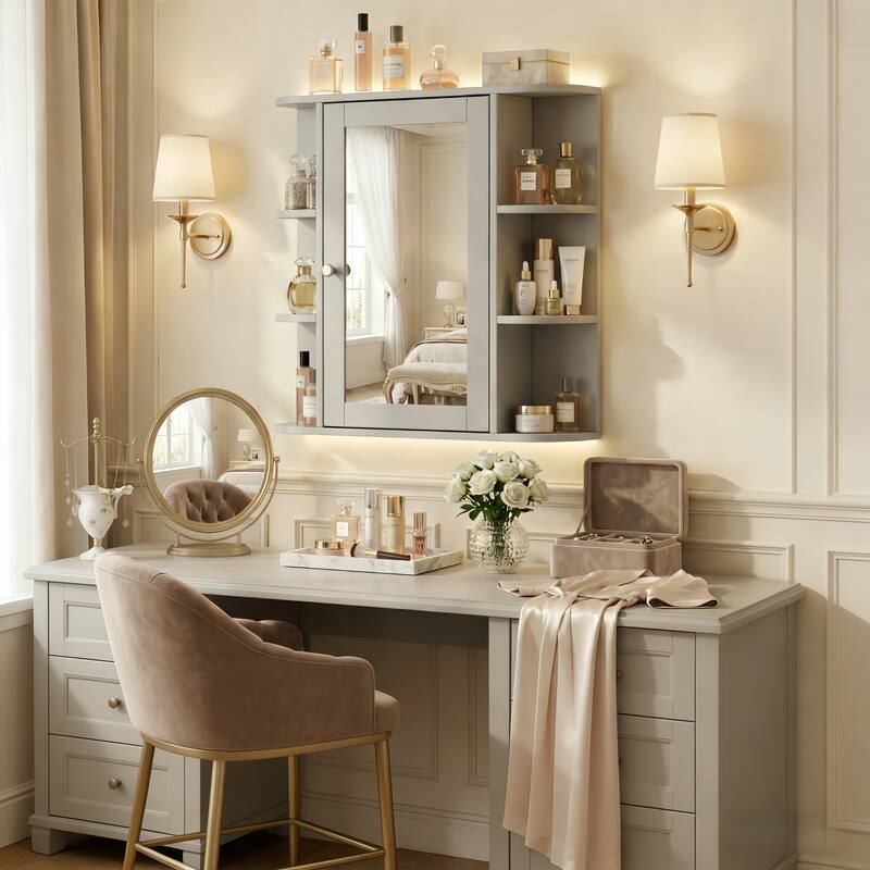 Bathroom Wall Storage Cabinet with Mirror, with Adjustable Wood Shelf & Doors, Mounted Storage Cabinets with 6 Open Shelves