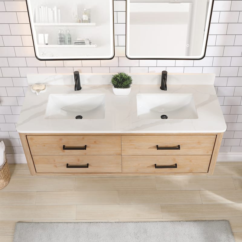 Cristo Floating Bath Vanity with White Quartz Stone Top without Mirror