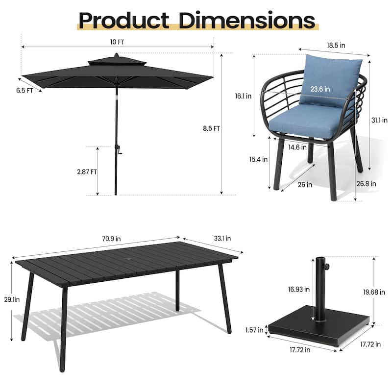9PC Outdoor Patio Dining Set Aluminum Table with Sunbrella Cushion Chairs w/ Market Umbrella Sets