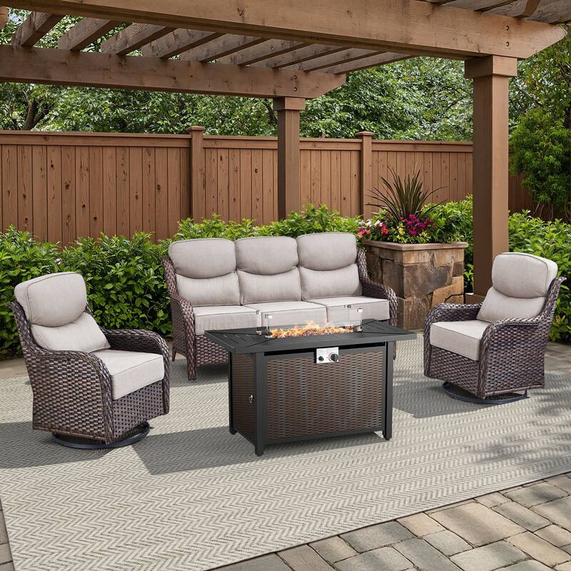 Arcadia 4-Piece PE Wicker Patio Seating Set with Durable All-Iron Fire Pit and 6-Inch Cushions - Beige Cushions - Brown Wicker