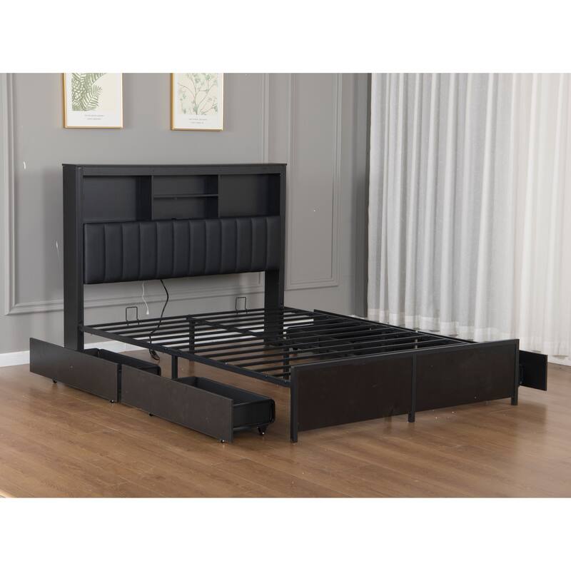 King/Queen Storage Bed with LED Headboard, Charging Station & 4 Drawers