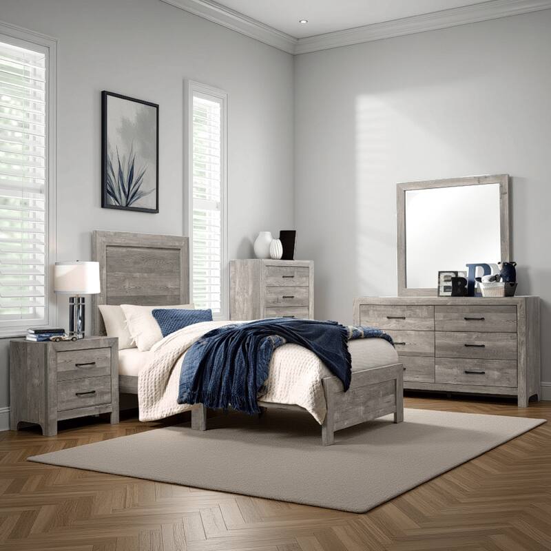 Ko Four Piece King Size Bedroom Set, Panel Detailings, Black Metal Handles, Rustic Gray