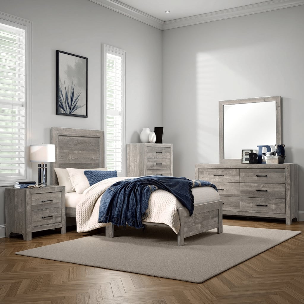 Ko Four Piece King Size Bedroom Set, Panel Detailings, Black Metal Handles, Rustic Gray