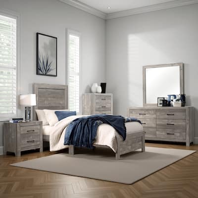 Ko Four Piece King Size Bedroom Set, Panel Detailings, Black Metal Handles, Rustic Gray
