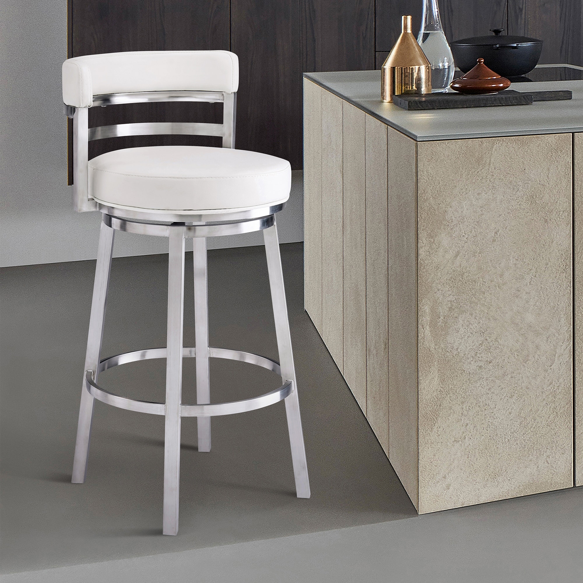 Armen Living Madrid Contemporary 26 Counter Height Barstool In Brushed Stainless Steel Finish And White Faux