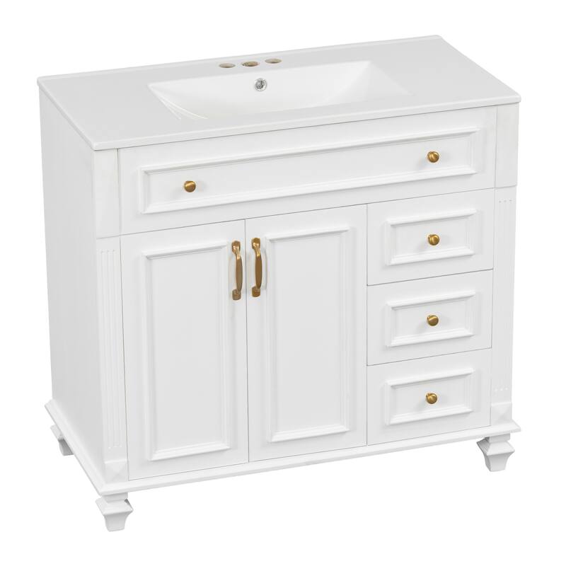 Roomfitters 36" Bathroom Vanity with Sink, Flip-Out Drawer, 3 Drawers, Soft-Close Doors, Solid Wood Cabinet