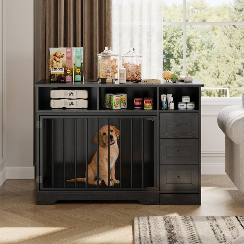 Retro Brown 48 Inch Dog Crate Furniture, Indoor Dog Kennel with Hidden Bowl