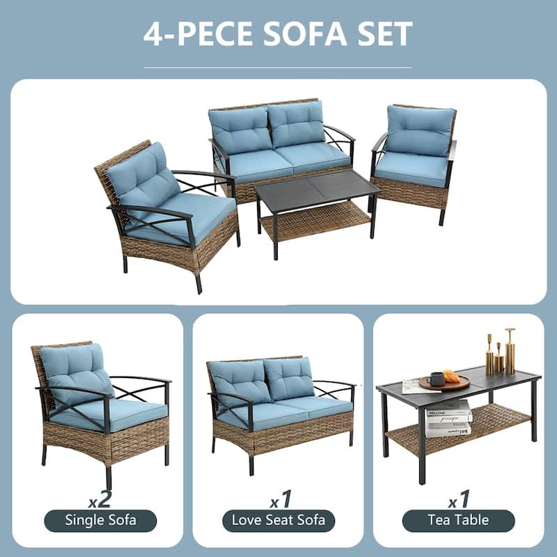 4-Piece Outdoor Patio Rattan Furniture Set, Thick Cushions&Side Table - 1 Table+2 Single chairs+1 Loveseat