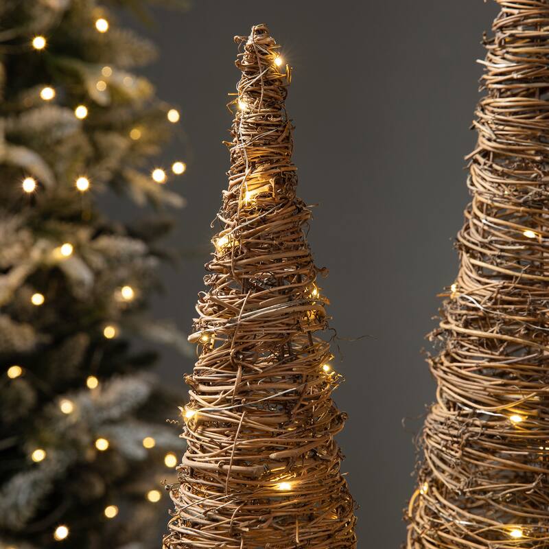 Glitzhome Set of 2 Lighted Rattan Christmas Table Tree Decor with Timer - Brown