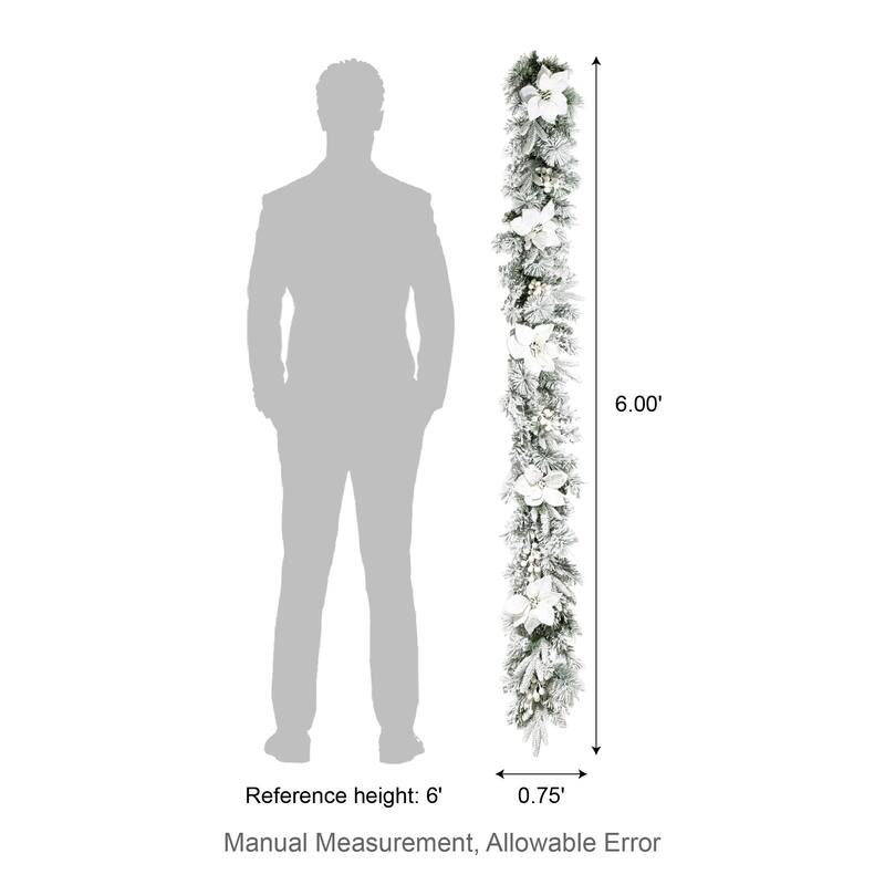 Glitzhome Set of 2/4 6ft Pre-Lit Flocked Greenery Pine White Poinsettia Christmas Garland