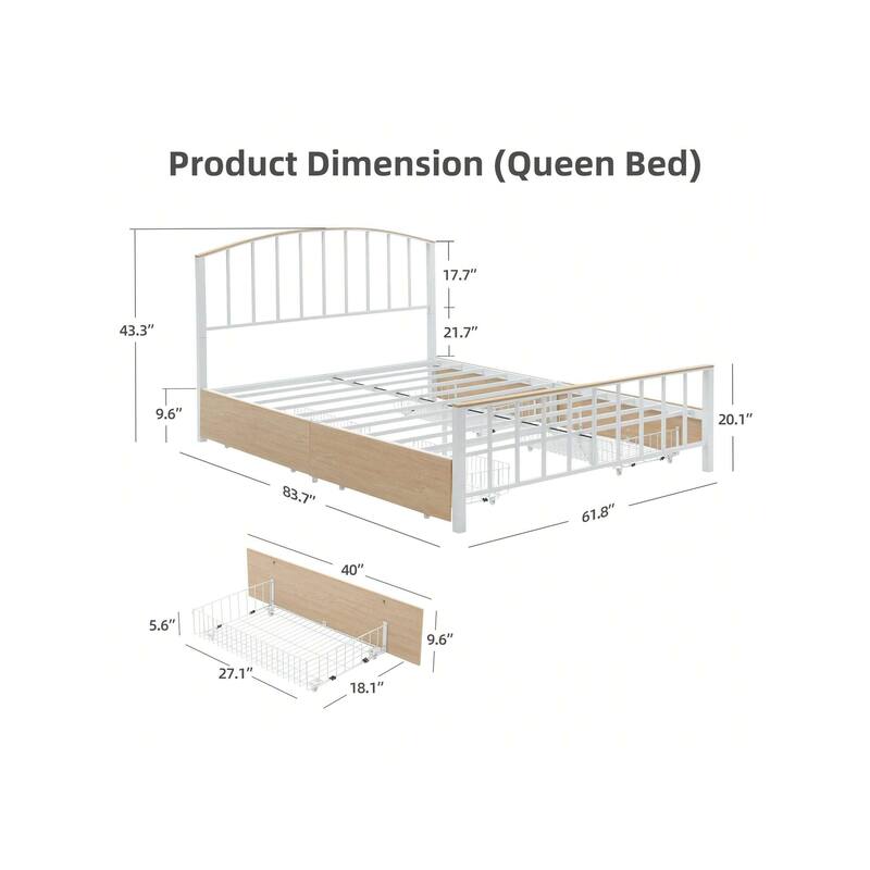 Platform Bed Frame with Headboard, Footboard, 4 Storage Drawers on Wheels