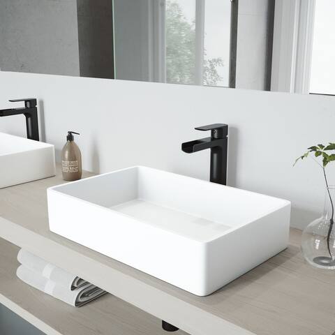 VIGO Magnolia Matte Stone Vessel Bathroom Sink Set with Amada Faucet