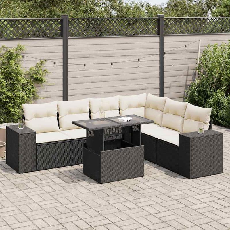 vidaXL Patio Sofa Set with Cushions Outdoor Furniture 7 Piece Poly Rattan - Black and Cream-with storage - 21.7 x 39.4 x 28.7