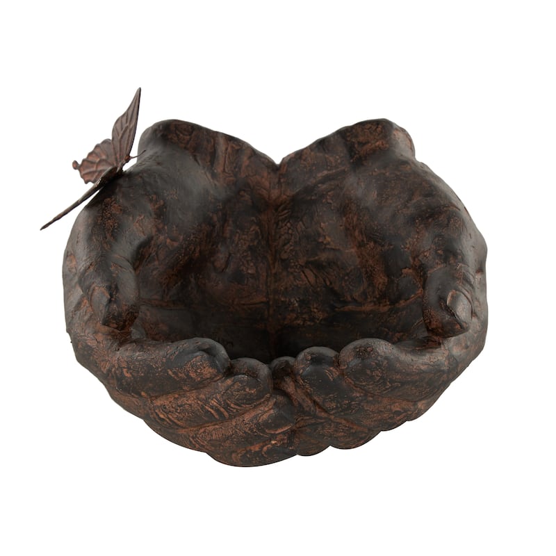 Dark Brown Resin Open Hands Decorative Sculpture with Butterfly and Copper Accents - 8"W x 8"L x 5"H