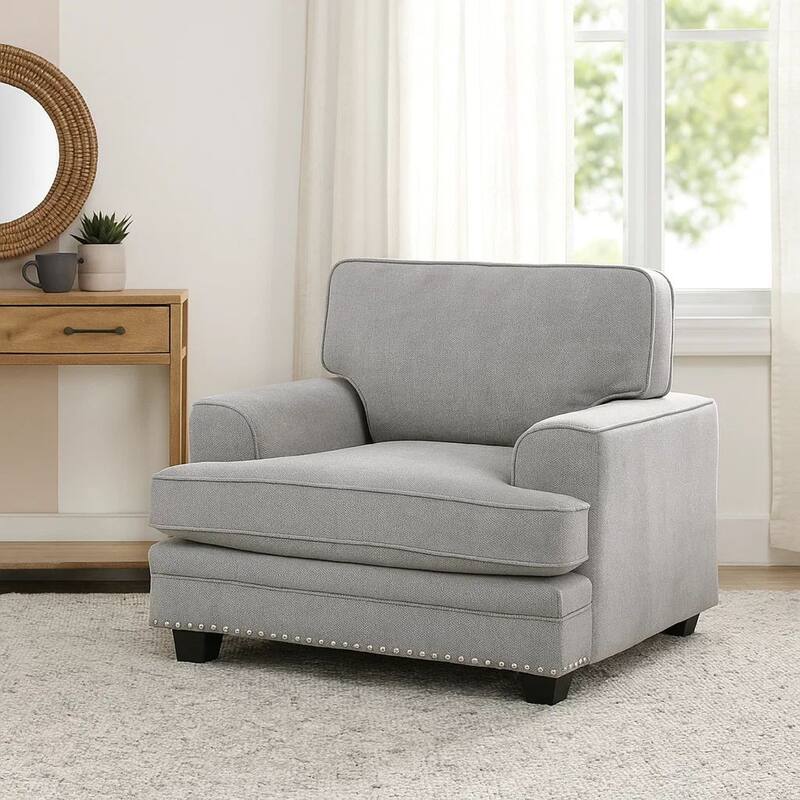 Brady Accent Armchair, Gray Chenille, Nailhead Trim, Black Legs
