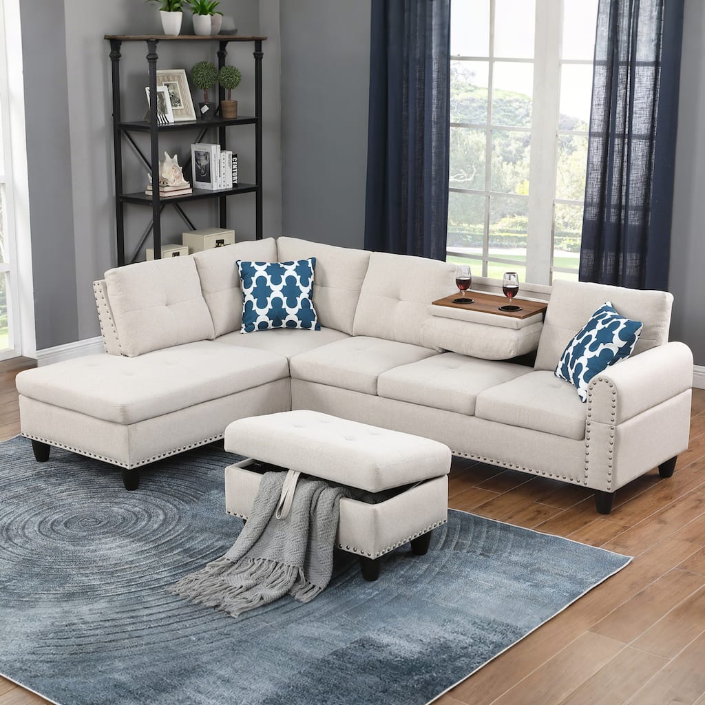 HOMEFUN Linen/Leather Upholstered L-Shaped 4-seater Multifunctional Sectional Sofa with Storage Ottoman,Cup Holder