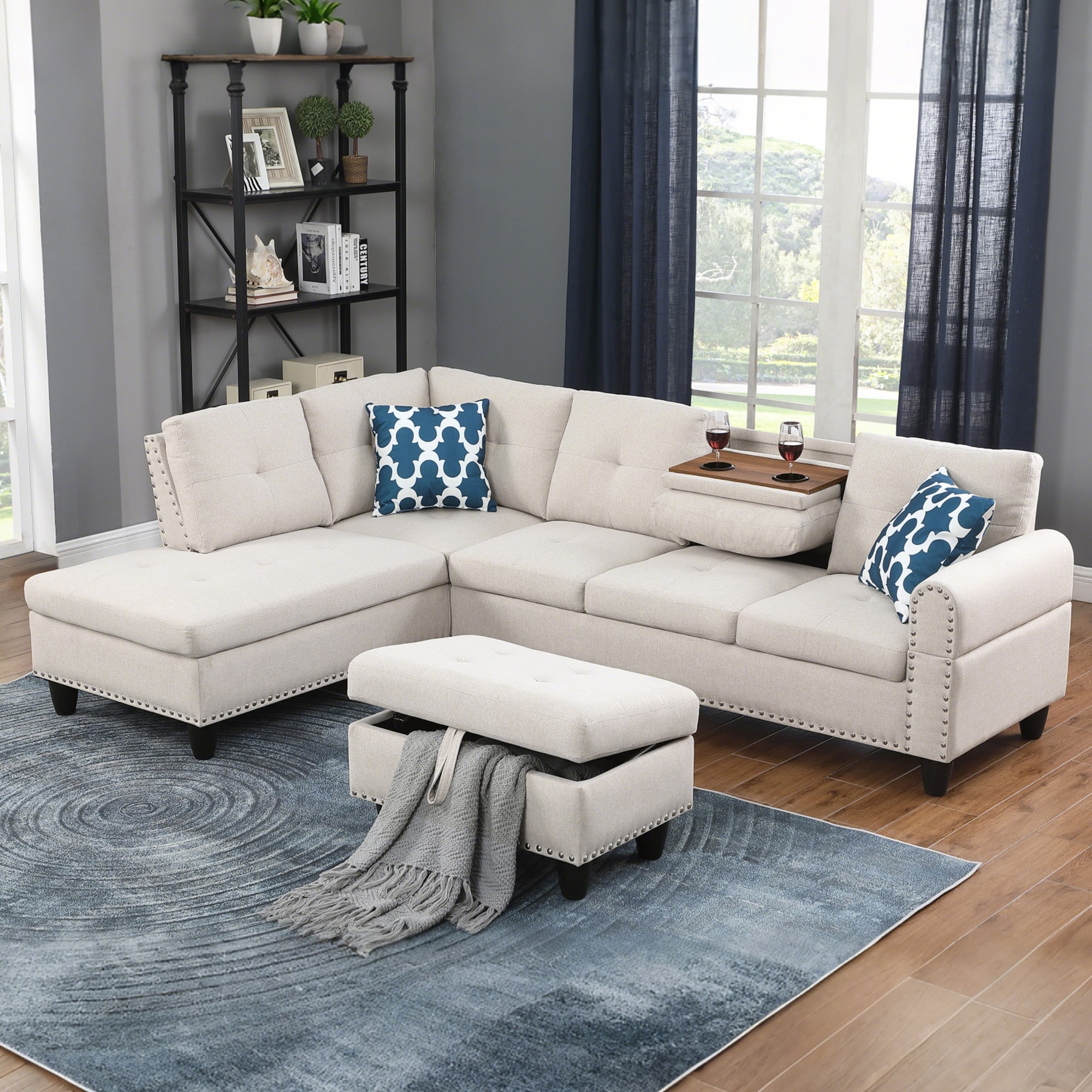 HOMEFUN Linen/Leather Upholstered L-Shaped 4-seater Multifunctional Sectional Sofa with Storage Ottoman,Cup Holder