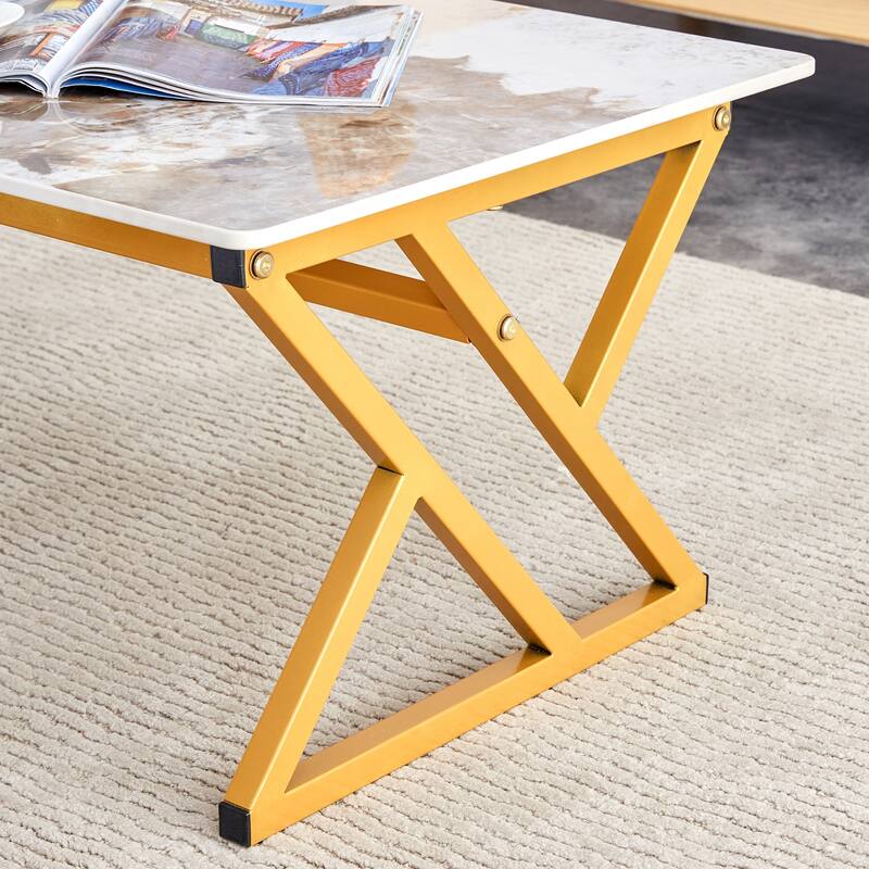 47" Modern Rectangular Coffee Table with Sintered Stone Tabletop and X-shaped Metal Legs