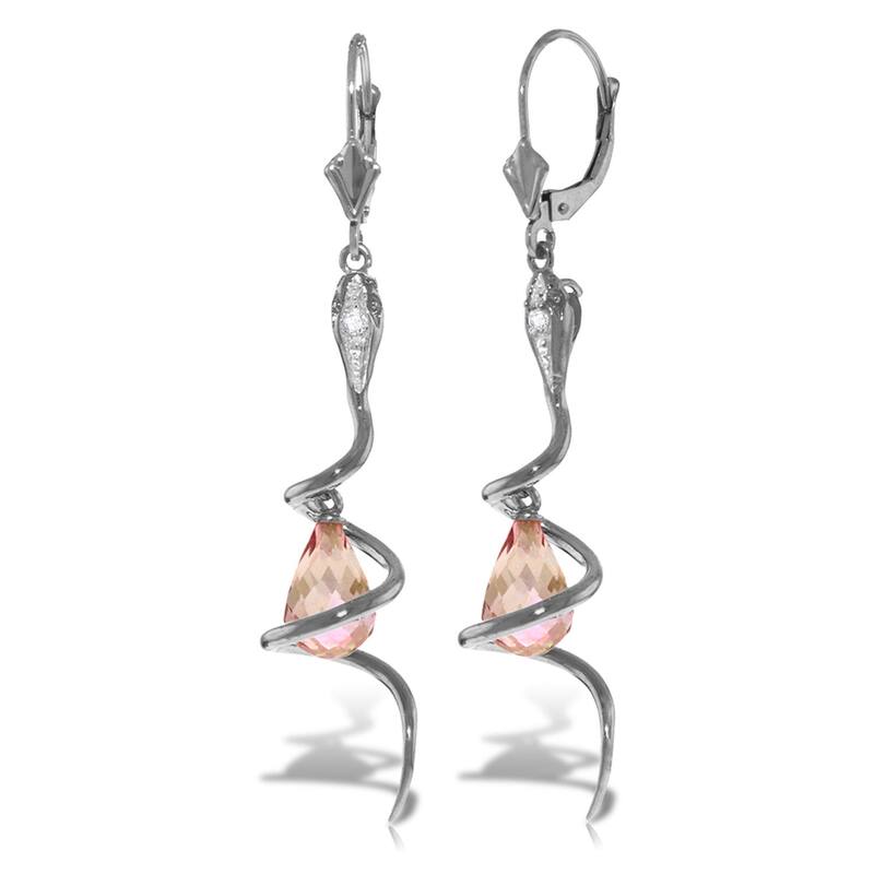 14K Solid Gold Snake Earrings w/ Briolette Pink Topaz & Diamonds - White