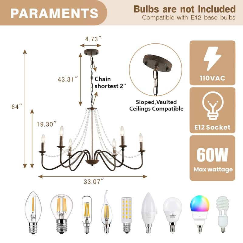 6-Light Dimmable Classic/Traditional Farmhouse Candle Style Chandelier - N/A