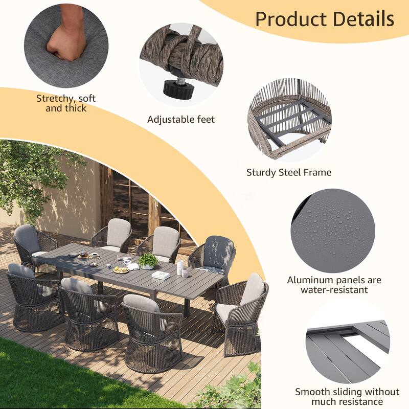 9-Piece Outdoor Dining Set - Weather-Resistant Aluminum Table with X-Leg Stability & PE Rattan Chairs