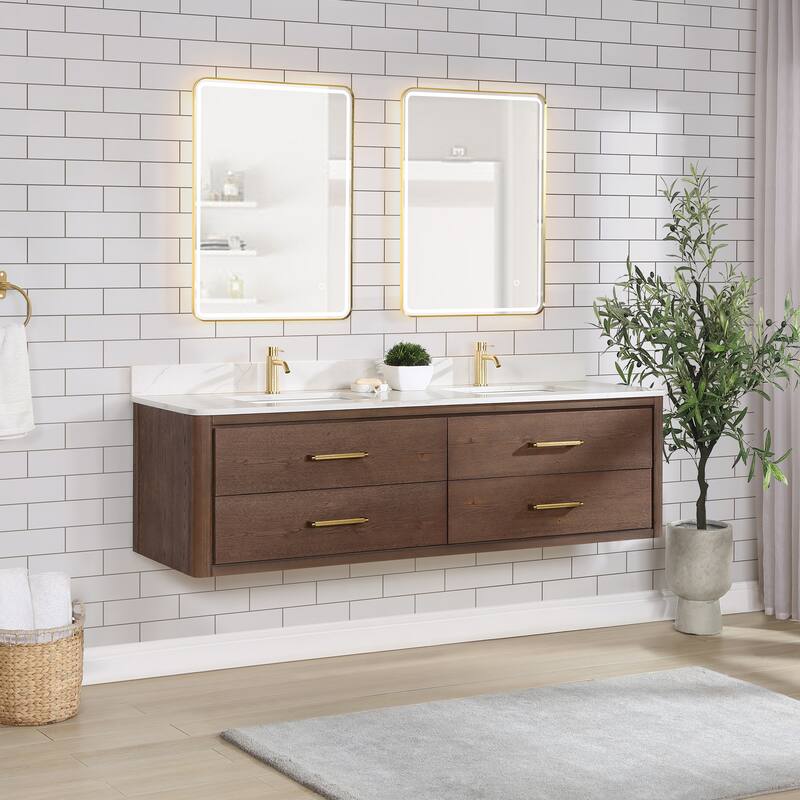 Cristo Floating Bath Vanity with White Quartz Stone Top without Mirror
