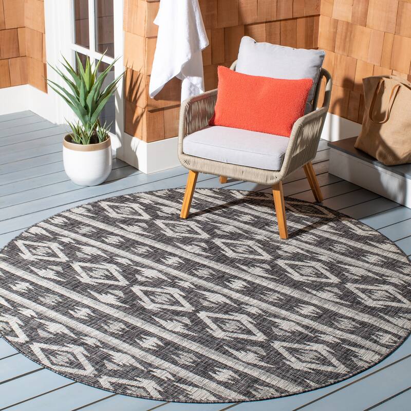 SAFAVIEH Courtyard Fraidel Indoor/ Outdoor Waterproof Patio Backyard Rug - 5'3" Round - Black/Grey