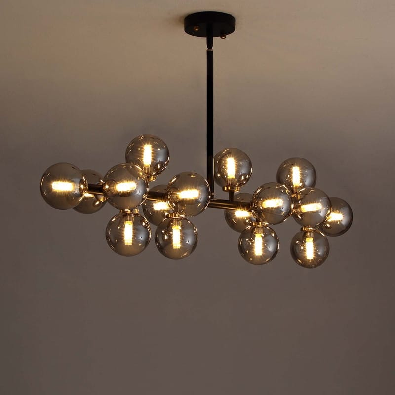40 in. Black Modern Chandelier 16-Light Sputnik Pendant Light with Smoky Gray Globe Glass Shade for Kitchen Island Dining Table