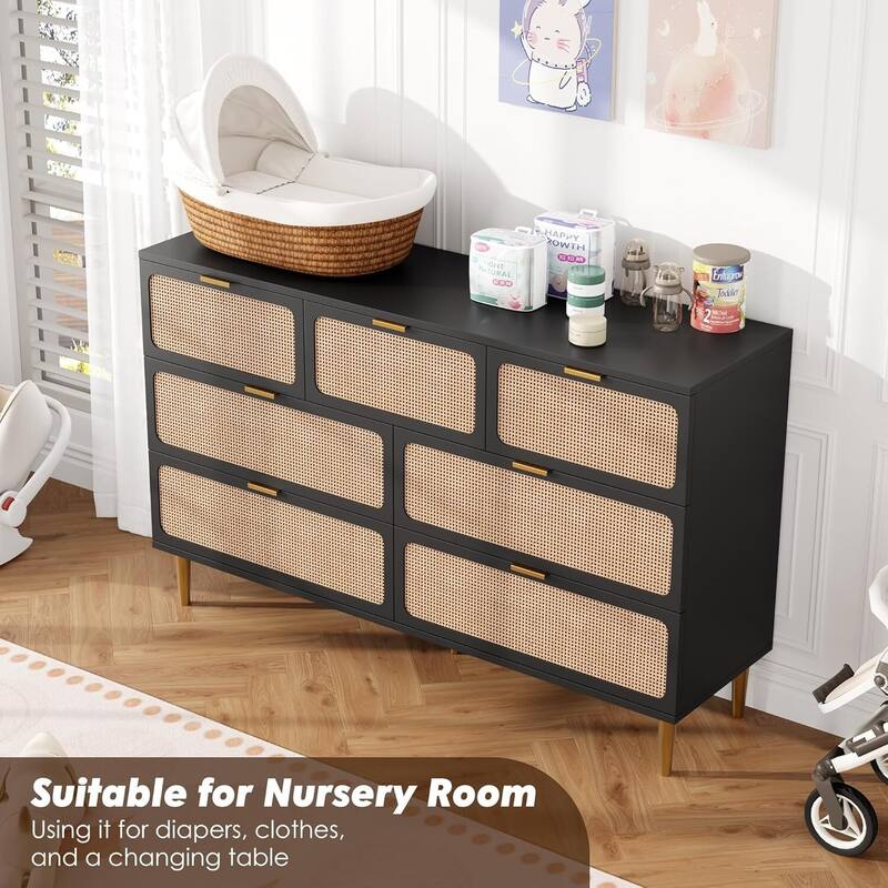 Rattan 7 Drawer Dressers TV Stand for Bedroom Living Room