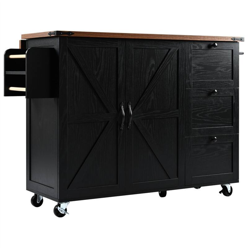 Farmhouse Kitchen Island with Power Outlet, Rolling Kitchen Cart on Wheels with Internal Storage Rack, Drop Leaf, Spice Rack