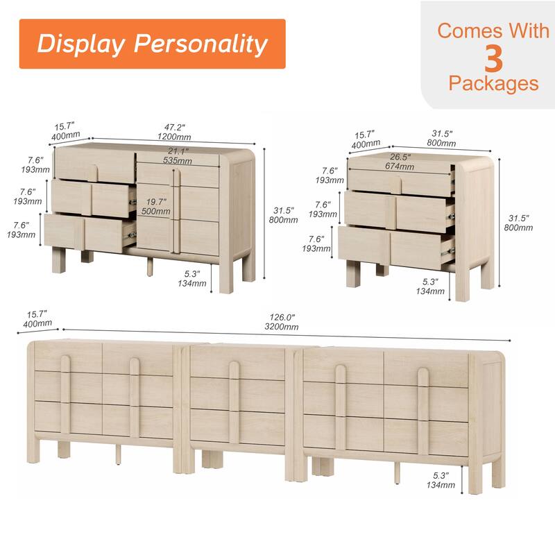 WAMPAT 3-Piece Dresser Set For Bedroom, 125.9" Large Mid Century Dresser For Closet, Curved Profile Wooden Chest Of Drawers