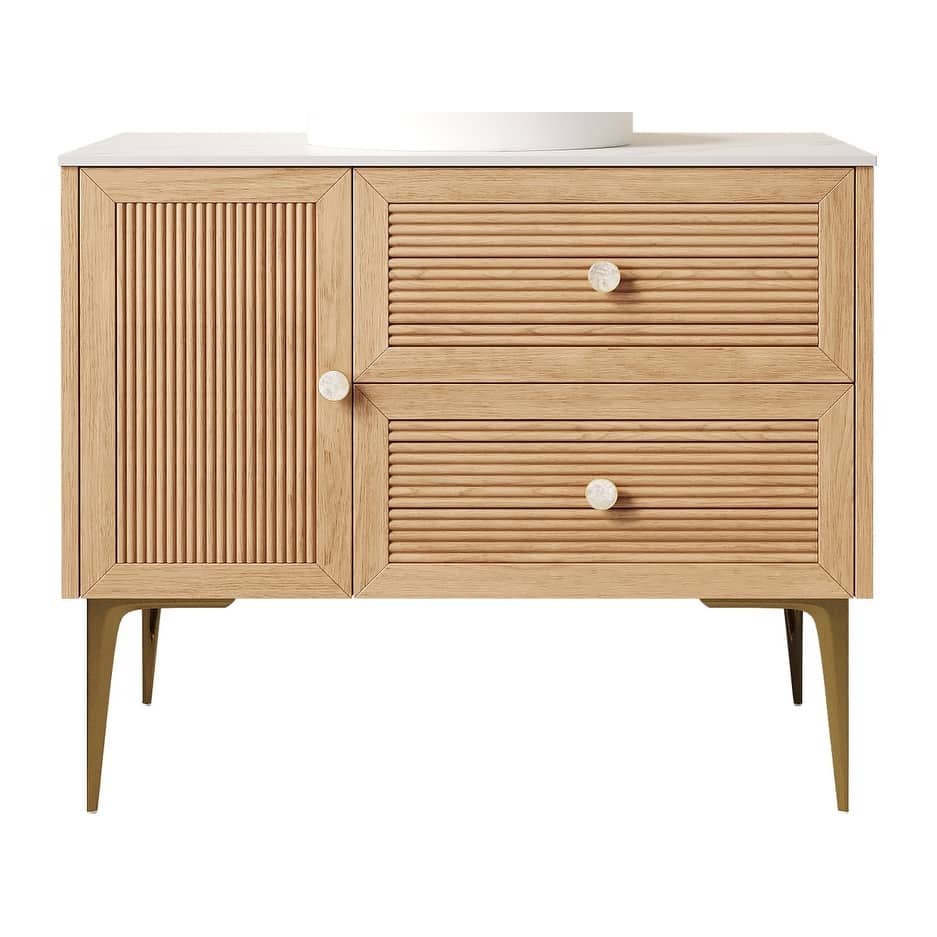 36" Freestanding Bathroom Cabinet with Carrara White Sintered Stone Counter Top, Two Drawers and One Door, NO Basin