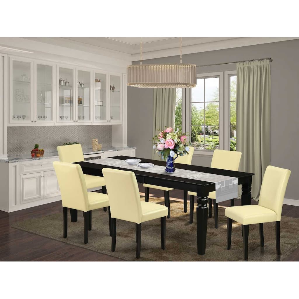Asian Allure 7Pc Kitchen Table Set - 66/84" Rectangle Table w/ Leaf & 6 Parsons Chairs - Eggnog PU Leather