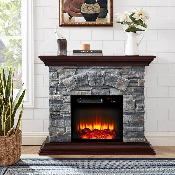 slide 2 of 27, 40 in. Faux Stone Freestanding Electric Fireplace - 40" in Width