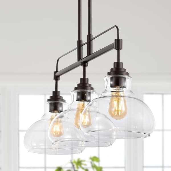 slide 2 of 12, Abbott 32.5" 3-Light Farmhouse Industrial Iron/Glass Linear LED Pendant, Oil Rubbed Bronze/Clear by JONATHAN Y Oil Rubbed Bronze/Clear