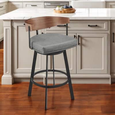 HomeRoots 26" Gray Brown and Black Faux Leather and Iron Low Back Counter Height Swivel Bar Chair