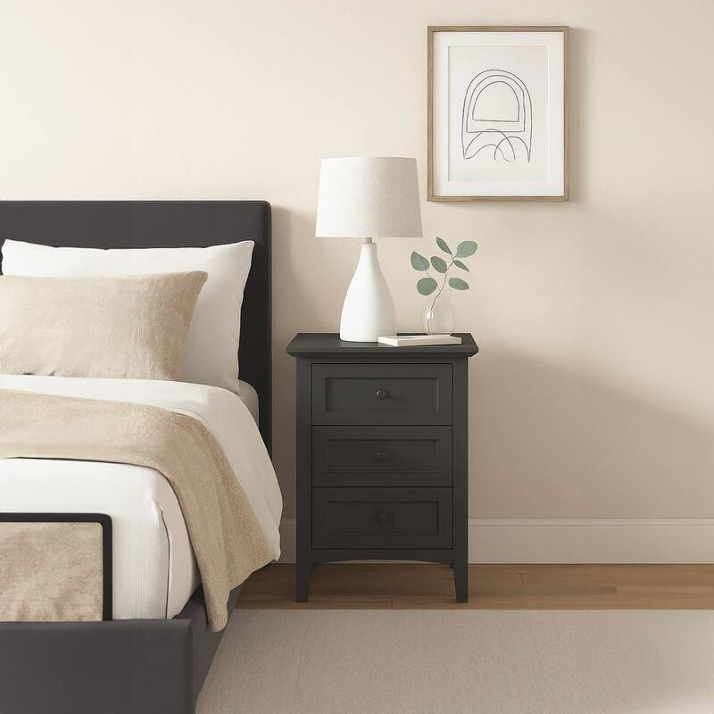 Fritz 30 Inch Bedside Nightstand, 3 Drawer, Round Handles, Black Solid Wood