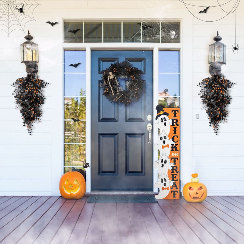 Glitzhome Halloween Black Rose Skeleton & Berry Wreath or Swag with Metal Wreath Hanger