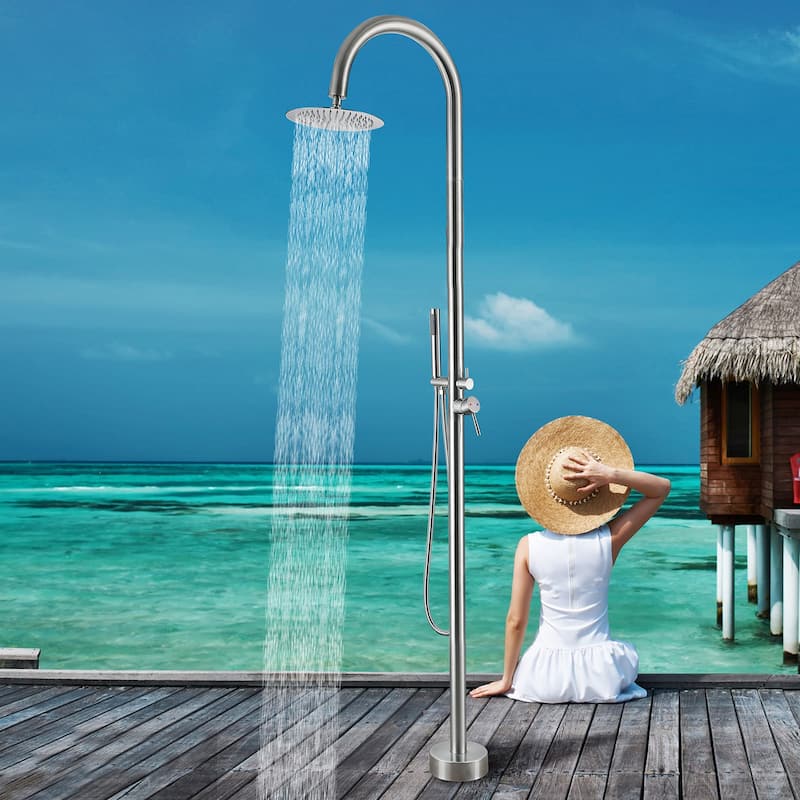 Freestanding Outdoor Shower System, Outdoor Shower Fixtures with Shower Head and Handheld