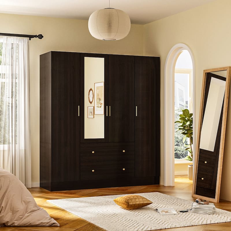 Wardrobe Armoire Wooden Closet with Mirror Storage Cubes Hanging Rod