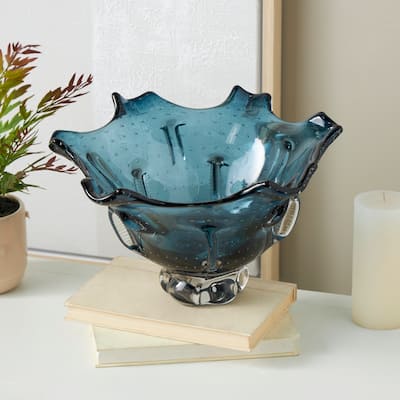 Dark Blue Glass Tulip Shaped Ombre Abstract Decorative Decorative Bowl with Bubble Texturing