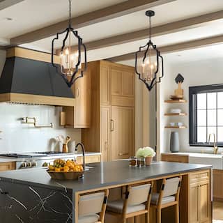 Modern Glam 4-Light Black Gold Chandelier Geometric Pendant Lights for Dining Room - 15" D x 27" H
