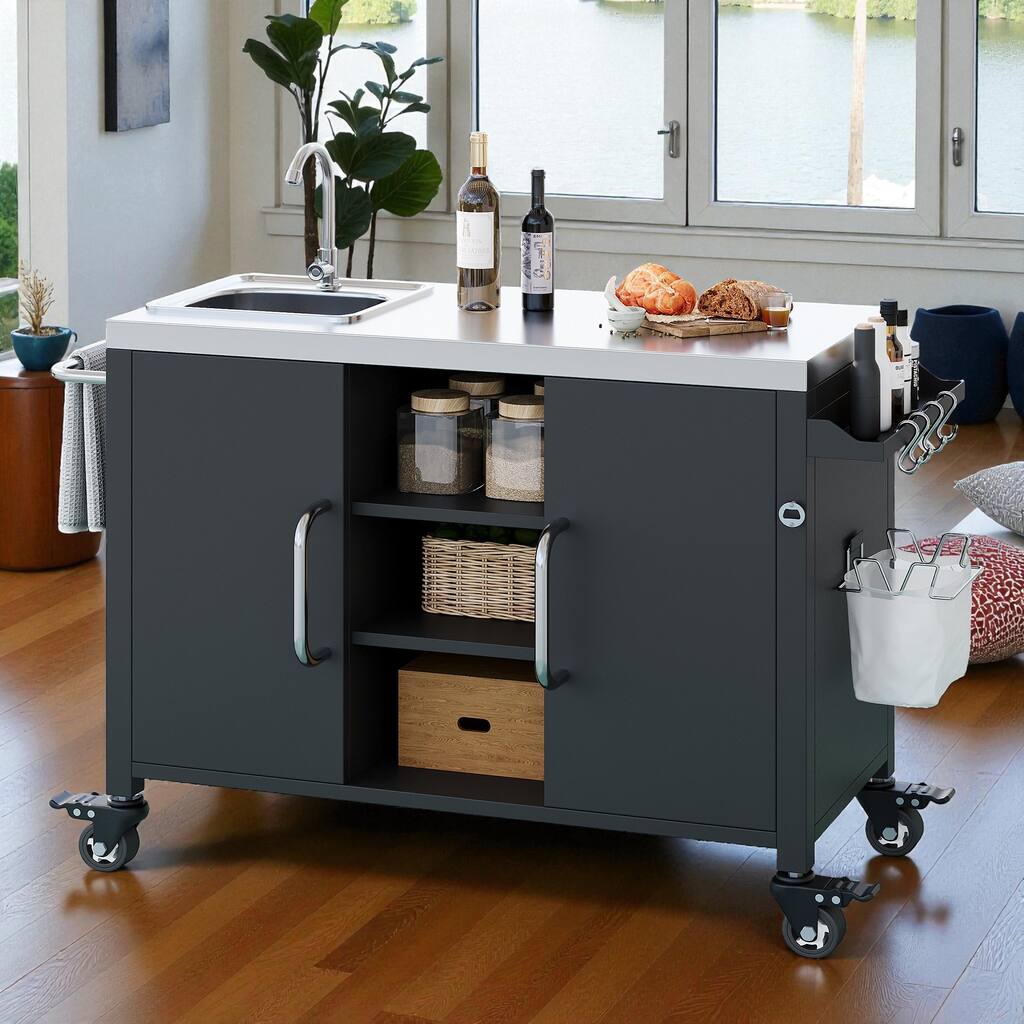 55.5" Outdoor Kitchen Island with 304 Stainless Steel Sink, Faucet & Storage Cabinet, Metal BBQ Prep Cart with Lockable Wheels