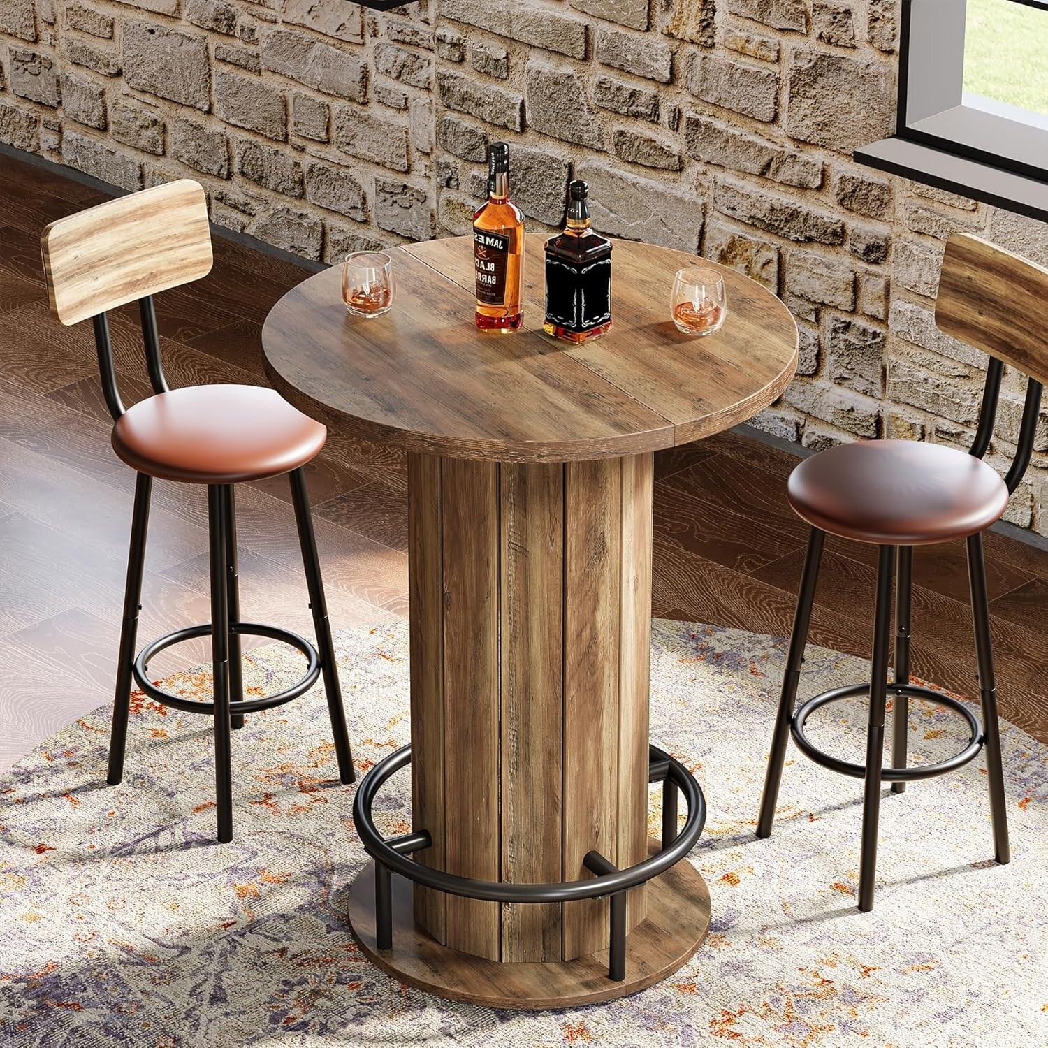 パブテーブル 39.4 Inches Wood Round Bar Table, Bistro Pub Table with Metal Ring