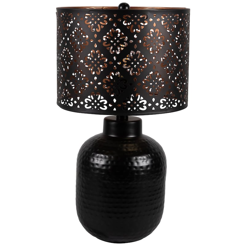 Round Iron Table Lamp with Laser-Cut Floral Shade - 19" - Black and Copper - 19