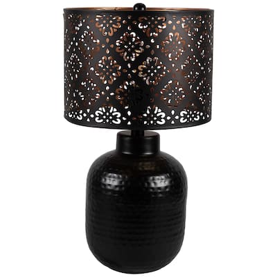 Round Iron Table Lamp with Laser-Cut Floral Shade - 19" - Black and Copper - 19