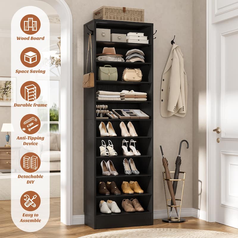 Freestanding 10-Tier Shoe Storage Cabinet,Narrow Wood Shoe Rack Shoe Organizer,Sturdy Closet Organizer Open Display Cabinet