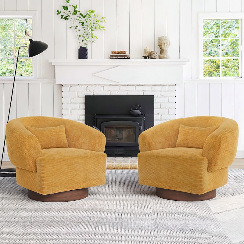 Set of 2 Modern Swivel Barrel Accent Chair with Solid Wood Base with Chenille Upholstery Armchair - Ginger