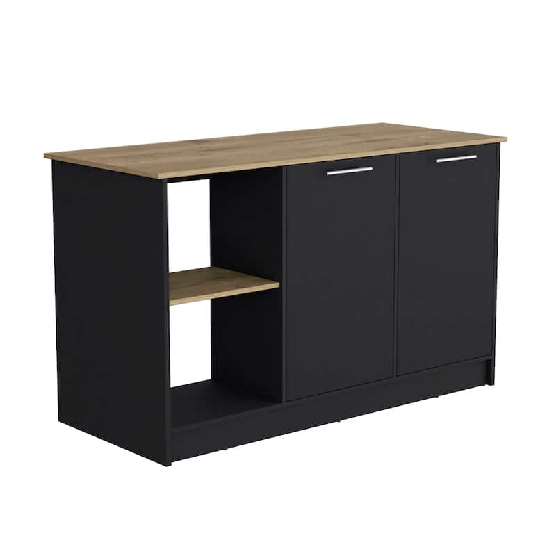TUHOME Juniper Kitchen Island with Large Top Surface, Double Door Cabinet, and Open Shelves